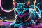 Futuristic Robot Cat - Abstract Cyberpunk Elements, Swirling Neon Hues Framing Metallic Feline Structure