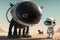 Futuristic robot dog walks with its companion in a barren landscape - generated with AI