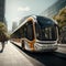 Futuristic robot driving a bus in a 3D rendered cityscape