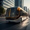Futuristic robot driving a bus in a 3D rendered cityscape