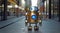 Futuristic robot exploring city sidewalk. Autonomous android with glowing eyes on urban street. Concept of artificial