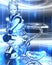 Futuristic robot girl in blue and white metallic gear on an abstract background.