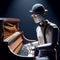 Futuristic robot man or detailed android cyborg playing music and composing a song with piano