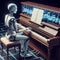 Futuristic robot man or detailed android cyborg playing music and composing a song with piano