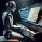 Futuristic robot man or detailed android cyborg playing music and composing a song with piano