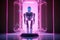 futuristic robot, with pink holographic crystal in its chest, standing against pink futuristic background