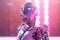 futuristic robot, with pink holographic crystal in its chest, standing against pink futuristic background