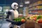 Futuristic Robot Shopping Fresh Produce Amidst Glowing Supermarket Lights.