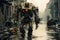 Futuristic robot walks on destroyed city street at post apocalypses