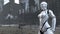 Futuristic robot woman on apocalyptic Time Square New York Manhattan. 3D rendering