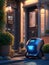 Futuristic Robotic Door-to-Door Package Delivery Robot making a Delivery, created with Generative AI technology