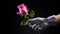 Futuristic robotic hand delicately grasping a vibrant rose flower on a mesmerizing neon lit backdrop