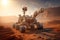 Futuristic robotic rover exploring a Martian landscape, equipped with multiple scientific instruments, standing amidst a barren