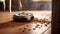 Futuristic Robotic vacuum cleaner washing the floor with a pile of wood chips. Robot cleaning in the house. Futuristic house