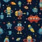 Futuristic Robots and Spaceships in Vivid Colors Seamless Pattern