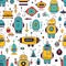 Futuristic Robots and Spaceships in Vivid Colors Seamless Pattern