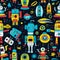 Futuristic Robots and Spaceships in Vivid Colors Seamless Pattern