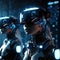 Futuristic robots with VR glasses watching 3d film tour. virtual reality goggles experiencing augmented cyberspace