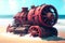 futuristic rusty metal steam mechanism on the seashore. Generative AI, Generative, AI