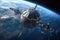 futuristic satellite orbiting earth in space