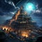 Futuristic Scene with Ancient Mayan Temples and Hovering Spacecraft