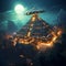 Futuristic Scene with Ancient Mayan Temples and Hovering Spacecraft