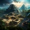 Futuristic Scene with Ancient Mayan Temples and Hovering Spacecraft