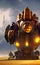 Futuristic scenery, steampunk spaceship on alien planet, generative ai illustration, these depiction is fictitious and generated