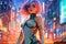 Futuristic sci - fi Anime girl, with neon - colored hair and a sleek body suit, standing in front of a towering metropolis, manga