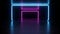 Futuristic sci fi dark empty room with blue and purple neon glowing line tubes