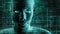 Futuristic and sci-fi human android portrait with pcb metallic skin and binary code green background. AI, IT, technology, robotics