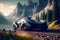 futuristic sci-fi self driving Sport car concept. Modern electric car driving in mountains