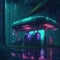 Futuristic Sci-fi Syberpunk Fantasy Gas Station Neon Light Colors Dark Woods Wet Grunge Asphalt Concrete Road With Reflections