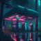 Futuristic Sci-fi Syberpunk Fantasy Gas Station Neon Light Colors Dark Woods Wet Grunge Asphalt Concrete Road With Reflections