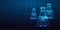 Futuristic science, chemistry pharmaceutical research concept banner with glowing laboratory beakers