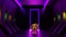 Futuristic science fiction dark empty room.Purple Neon Glowing. Floor with reflections 3D rendering animation. Man