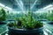 A futuristic science lab specializing in hydroponic ecosystems, where animals thrive in lush, waterbased environments
