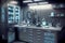 Futuristic scientific laboratory, biology and chemistry research lab, experiment and study room, generative ai illustration