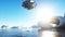 Futuristic ship lands on futuristic base in the clouds. Realistic 4k animation.