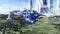 Futuristic ship start in sci fi city. Future concept. Aerial view. 3d rendering.