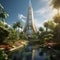 Futuristic Skyscraper in a Lush Oasis