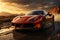 A futuristic sleek sports car racing down an empty highway at sunset, showcasing the thrill of high-speed driving. Generative AI