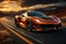 A futuristic sleek sports car racing down an empty highway at sunset, showcasing the thrill of high-speed driving. Generative AI