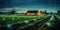 Futuristic Smart Agriculture Nighttime View of a Farm with Digital Grid Overlay and IoT Technology Enhancing Crop Rows