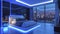 Futuristic smart bedroom that blends streamlined design with integrated tech, mood LED lighting, minimalist charm, and