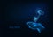 Futuristic smart solution, business success concept with glowing hand holding a key on dark blue