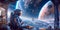 Futuristic space exploration scene with astronauts and futuristic spacecraft, embodying humanity& x27;s quest for