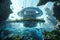 a futuristic space habitat with floating gardens and crystal blue water