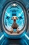 A futuristic space station or capsule hotel for dogs. Sci-fi inspired setting where animals comfortably travel inside a futuristic