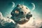 futuristic space station orbiting a mysterious planet shrouded in clouds and swirling storms